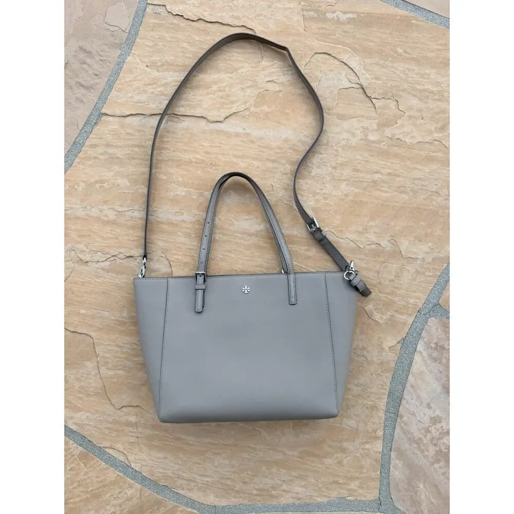 Tory Burch Emerson Medium Zip Top Saffiano Leather Tote Crossbody- Grey